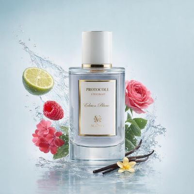 Protocole L’Intense de Maison Maïssa avec les ingrédients de ses notes : bergamote, framboise, géranium, rose bulgare, absolu de vanille, patchouli