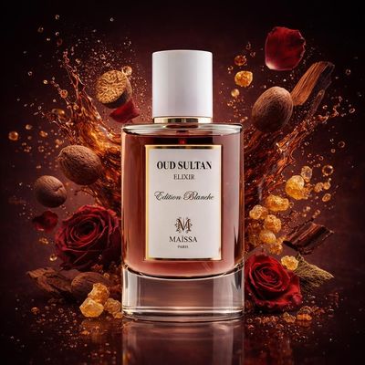 Oud Sultan de Maison Maïssa entouré de noix de muscade, de roses de Bulgarie, de bois de gaïac, d’encens et de patchouli