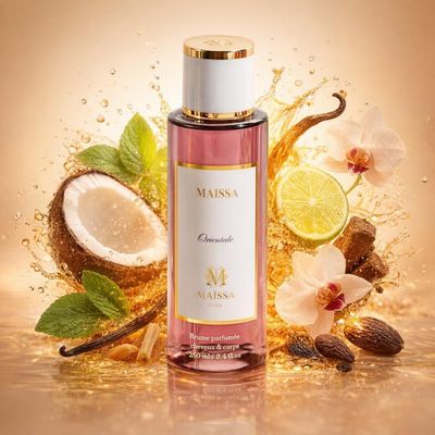Brume Maïssa de Maison Maïssa avec les ingrédients de ses notes : bergamote, noix de coco, bois de gaïac, orchidée, patchouli, absolu de fève tonka, absolu de vanille