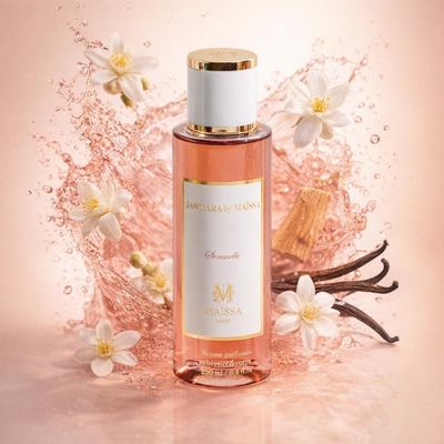 Brume Jawhara by Maïssa de Maison Maïssa avec les ingrédients de ses notes : fleur d’oranger, jasmin, santal, gousses de vanille