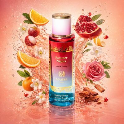Brume Summer Nights de Maison Maïssa avec les ingrédients de ses notes : citron, grenade, mandarine, orange, fleurs blanches, litchi, rose, santal