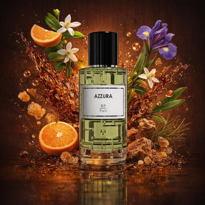 Azzura de RP Parfums avec les ingrédients de ses notes : mandarine, néroli, orange, fleur d’oranger, iris, résine de benjoin, cèdre, larmes d’encens, vétiver