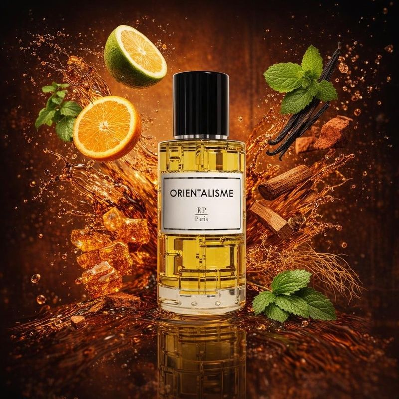 Orientalisme de RP Parfums avec les ingrédients de ses notes : bergamote, orange, patchouli, bois de cèdre, santal, vétiver, résine d’ambre doré, gousses de vanille