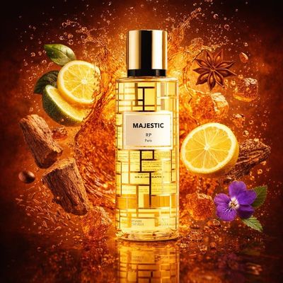 Brume Majestic de RP Parfums avec les ingrédients de ses notes : bergamote, bois de cèdre, citron, gaïac, résine d’ambre doré, résine, anis, violette, carvi