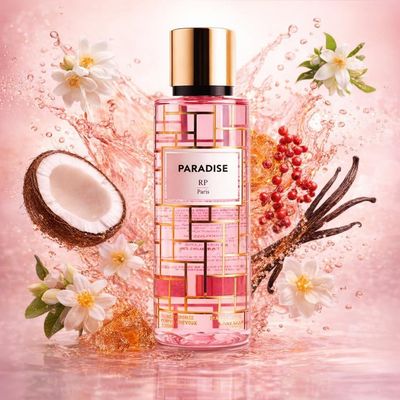 Brume Paradise de RP Parfums avec les ingrédients de ses notes : noix de coco, baies roses, résine d’ambre doré, gousses de vanille, absolu de jasmin, fleur d’oranger, bois de santal, tubéreuse