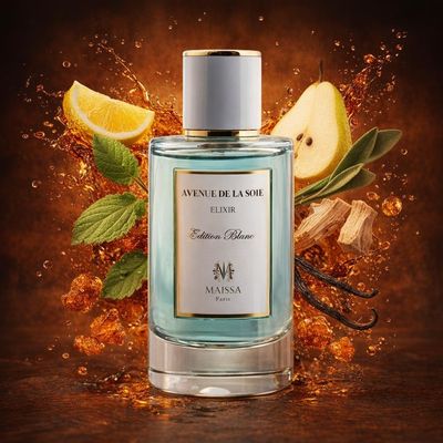 Avenue de la Soie Elixir de Maison Maïssa avec les ingrédients de ses notes : bergamote, citron, poire, bois blanc, patchouli, sauge, absolu de vanille, résine d’ambre doré