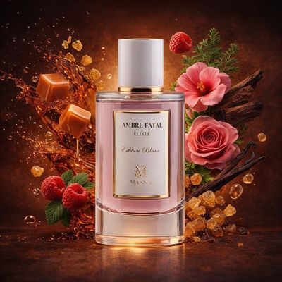 Ambre Fatal de Maison Maïssa avec les ingrédients de ses notes : caramel, framboise, cyprès, géranium, rose bulgare, absolu de vanille, bois de gaïac, larmes d’encens