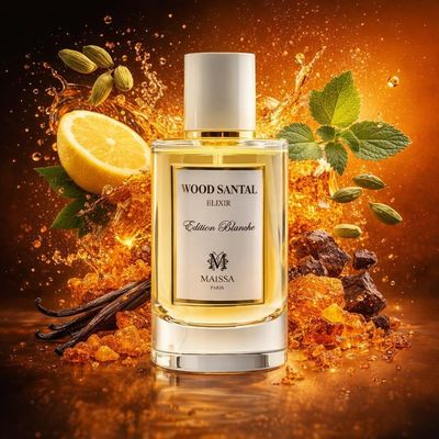 Wood Santal de Maison Maïssa avec les ingrédients de ses notes : citron, patchouli, cardamome, gurjum, résine de myrrhe, absolu de vanille, résine d’ambre doré