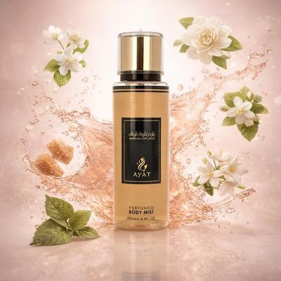 Brume Garden of Love d’Ayat Perfumes avec les ingrédients de ses notes : fleur de poire, gardénia blanc, jasmin, cassonade, patchouli