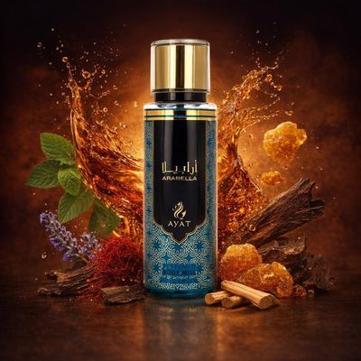 Brume Arabella d’Ayat Perfumes avec les ingrédients de ses notes : patchouli, safran, résine d’ambre doré, bois de santal, bois d’oud, lavande