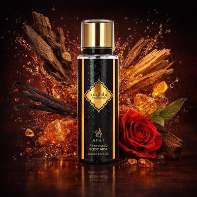Brume Paradise d’Ayat Perfumes avec les ingrédients de ses notes : bois d’oud, rose, gousses de vanille, résine d’ambre doré, bois de cèdre