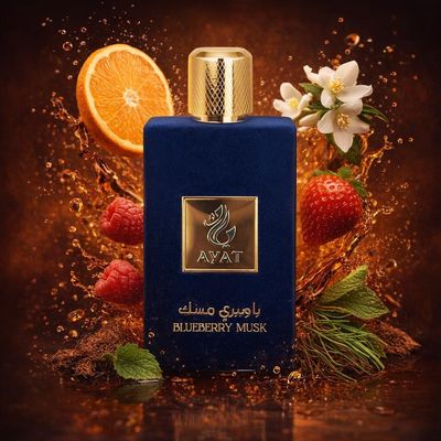 Blueberry Musk d’Ayat Perfumes avec les ingrédients de ses notes : fruits, orange, framboise, jasmin, fraise, vétiver, patchouli