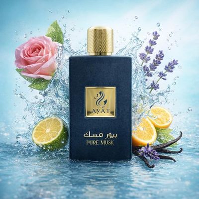 Pure Musk d’Ayat Perfumes avec les ingrédients de ses notes : rose, bergamote, agrumes, lavande, gousses de vanille