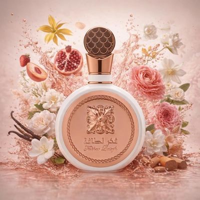 Fakhar Rose Gold de Lattafa avec les ingrédients de ses notes : fruits, lys, grenade, tubéreuse, jasmin, gardénia, ylang-ylang, chèvrefeuille, rose, pivoine, gousses de vanille, bois de santal