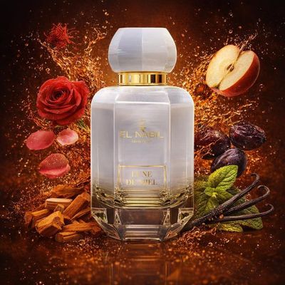 Lune de Miel d’El Nabil avec les ingrédients de ses notes : rose, safran, prune, pomme, patchouli, bois de santal, gousses de vanille