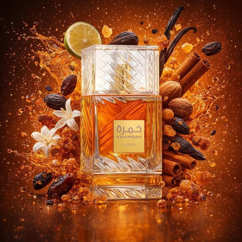 Khamrah de Lattafa entouré de cannelle, de noix de muscade, de bergamote, de dattes, de praliné, de tubéreuse, de vanille, de fèves tonka, de myrrhe et de benjoin