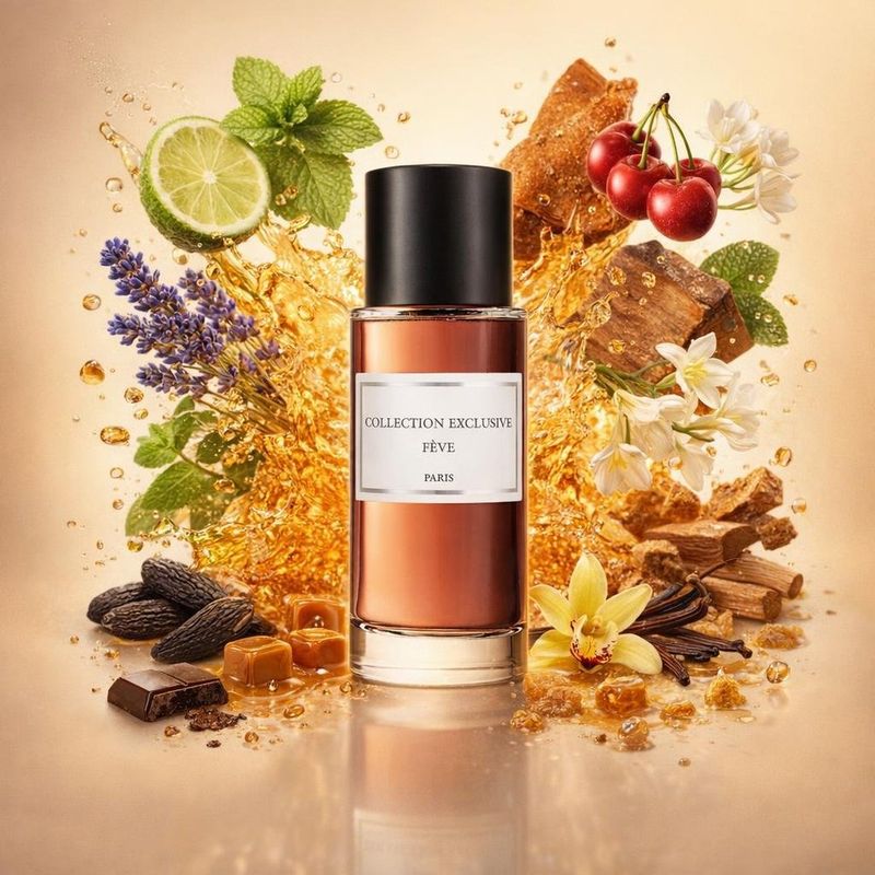 Fève de Collection Exclusive avec les ingrédients de ses notes : lavande, menthe, bergamote de calabre, cerise, freesia, jasmin, fève de tonka, vanille de madagascar, caramel, chocolat noir, résine de benjoin, pièce de cuir patiné, bois de santal, noix de coco, cèdre