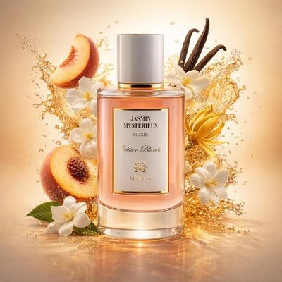 Jasmin Mystérieux Elixir entouré de pêche, de jasmin sambac, d’ylang-ylang et de vanille
