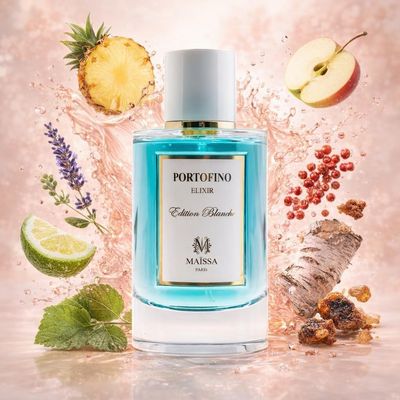 Portofino de Maison Maïssa avec les ingrédients de ses notes : ananas, bergamote, pomme, poivre rose, lavande, patchouli, styrax, bouleau