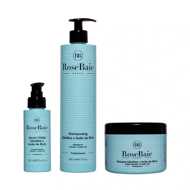 Trio Capillaire Ricin & Kératine Trio capillaire Ricin et Kératine Rosebaie avec shampoing 500ml masque 500ml et sérum 100ml pour st…