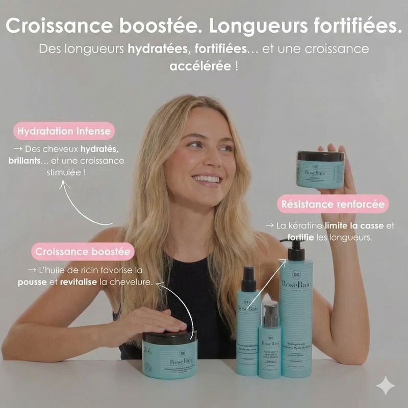 Publicité RoseBaie mettant en scène une femme blonde souriante avec la gamme capillaire à l'huile d…