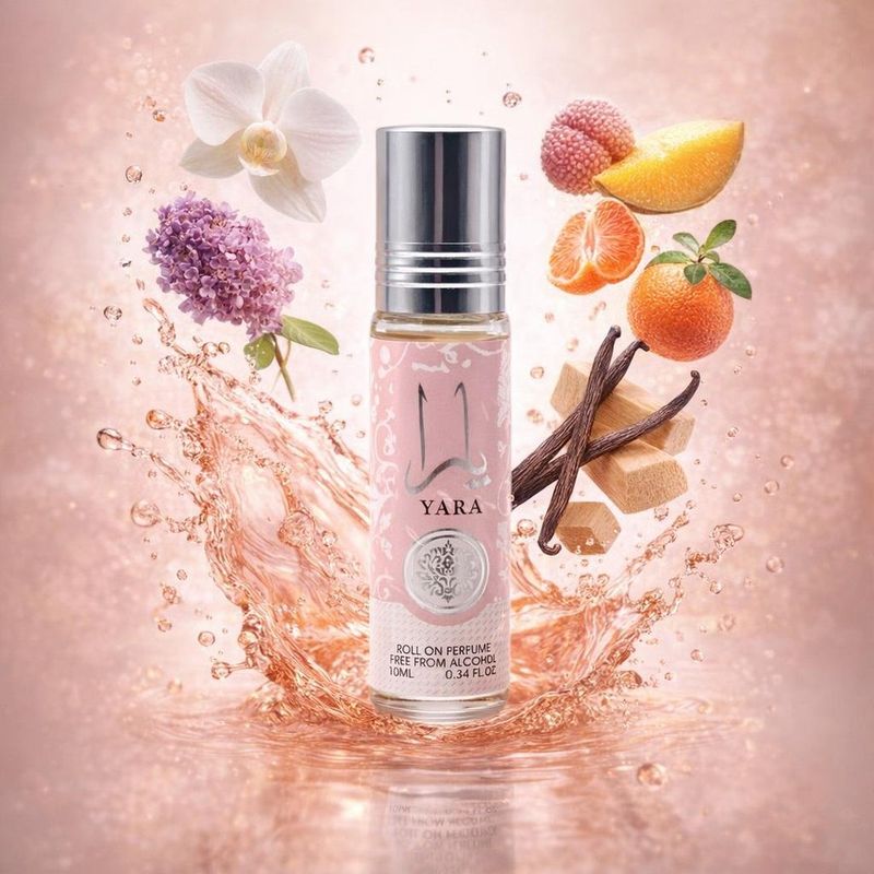 Yara Roll-on de Lattafa avec les ingrédients de ses notes : orchidée, héliotrope, mandarine, fruits tropicaux, gousses de vanille, bois de santal