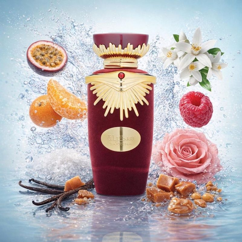 Sakeena de Lattafa avec les ingrédients de ses notes : fruit de la passion, mandarine, framboise, rose, sel marin, fleur d’oranger, toffee, praliné, gousses de vanille