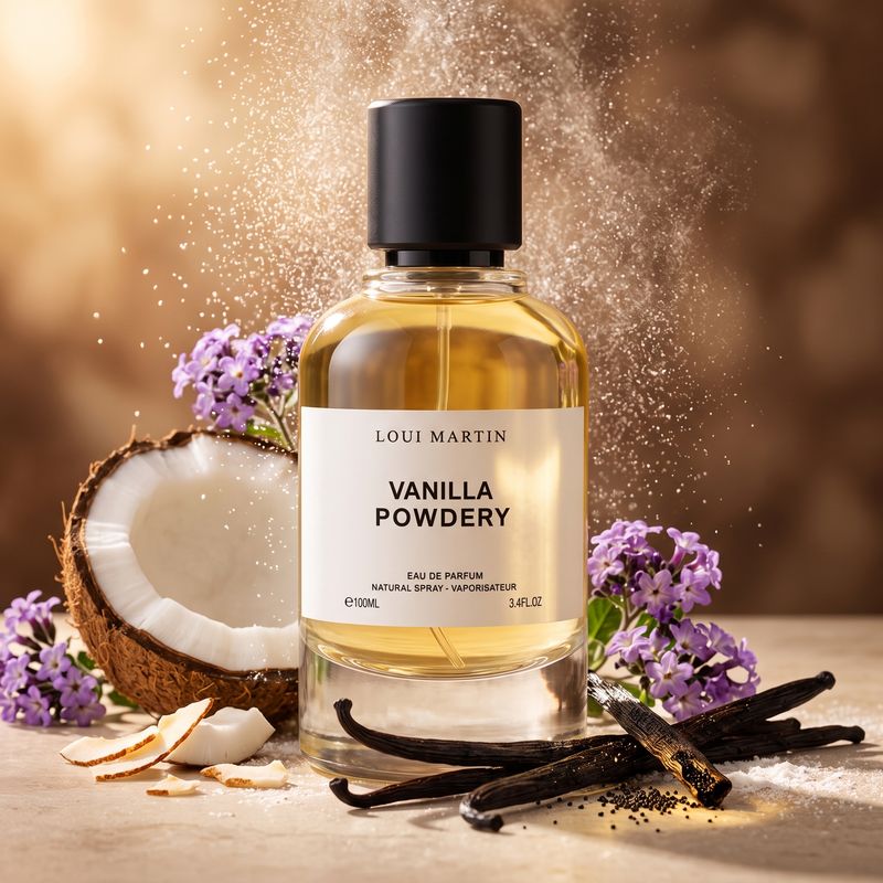 Vanilla Powdery de Loui Martin, eau de parfum 100 ml, entouré de noix de coco, gousses de vanille et fleurs d'héliotrope