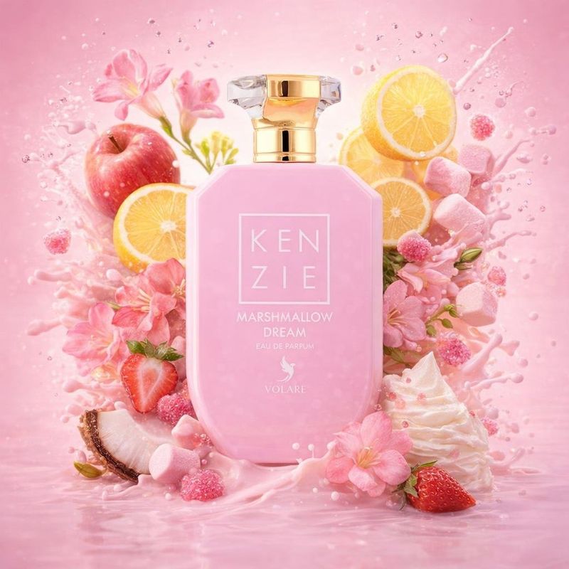 Kenzie Marshmallow Dream de Volaré entouré de guimauves roses, de fraises, de pommes, de fleurs et de noix de coco