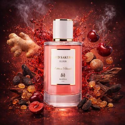 Oud Sakura entouré de gingembre, de muscade, de cerises, d’encens, de bois d’oud et de fèves tonka