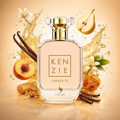 Kenzie Vanilla 70 de Volaré avec les ingrédients de ses notes : gousses de vanille, poire, pêche, praliné, fleur d’oranger, bois de santal, résine d’ambre doré