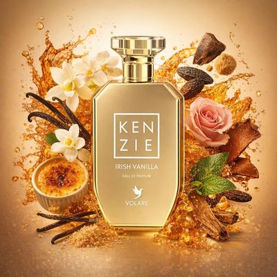 Kenzie Irish Vanilla de Volaré avec les ingrédients de ses notes : orchidée vanille, jasmin, gousses de vanille, crème brûlée, fèves tonka, pièce de cuir patiné, rose, patchouli, cassonade, bois d’oud, résine d’ambre doré
