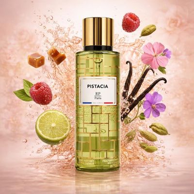 Brume Pistacia de RP Parfums avec les ingrédients de ses notes : caramel, framboise, bergamote, géranium, violette, cardamome, gousses de vanille