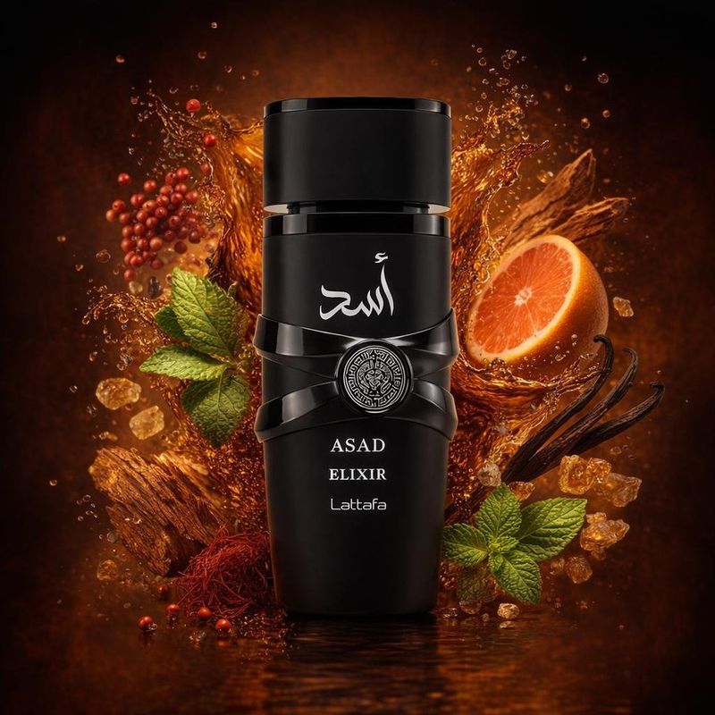 Asad Elixir de Lattafa avec les ingrédients de ses notes : poivre rose, safran, pamplemousse, tabac, bois de cèdre, gousses de vanille, patchouli, oliban