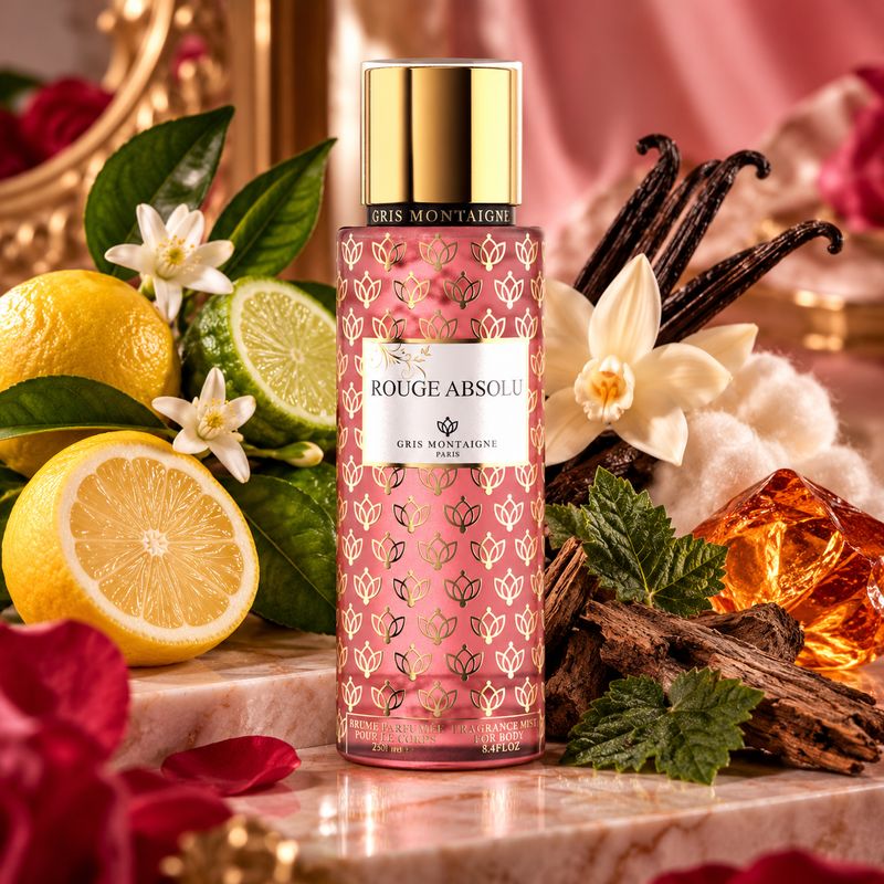 Rouge Absolu Gris Montaigne avec citron bergamote vanille patchouli et ambre