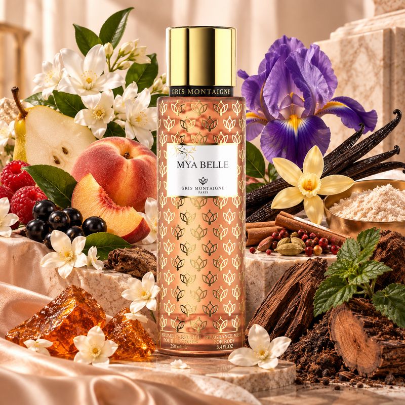 Mya Belle Gris Montaigne avec fleurs blanches vanille iris patchouli et notes fruitées
