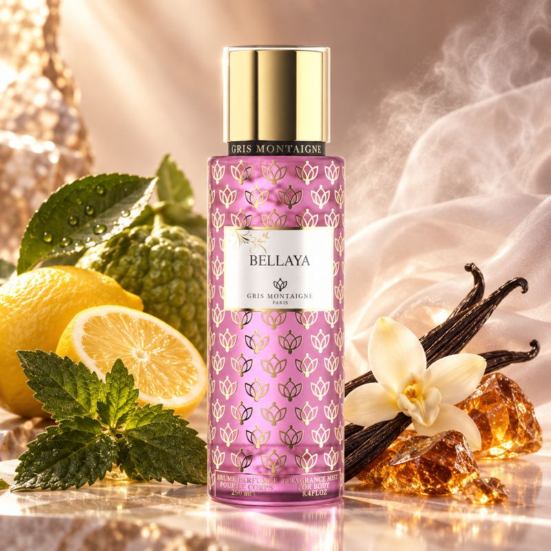 Bellaya Gris Montaigne avec citron, bergamote, vanille, patchouli et ambre