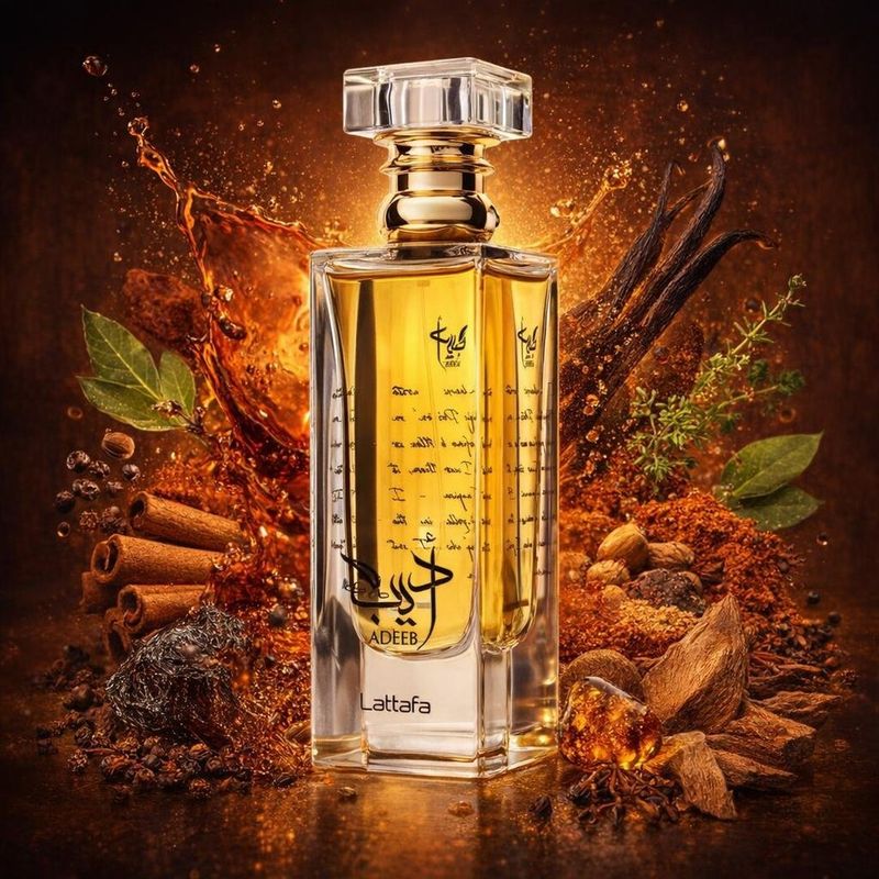 Adeeb de Lattafa avec les ingrédients de ses notes : cannelle, gousses de vanille, tabac, épices marocaines, herbes aromatiques, thym, clou de girofle, bois d’oud, ambre noir, patchouli, bois de cèdre, bois de santal