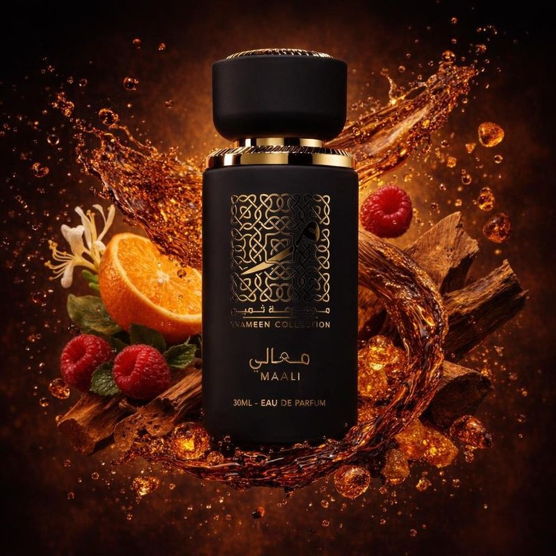 Thameen Maali de Lattafa avec les ingrédients de ses notes : tangerine, agrumes, framboise, chèvrefeuille, bois, bois d’oud, bois de santal, résine d’ambre doré