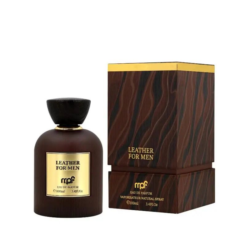 Leather For Men – My Perfumes 100 ml Leather For Men de My Perfumes, eau de parfum homme 100 ml : flacon brun et son coffret effet bois