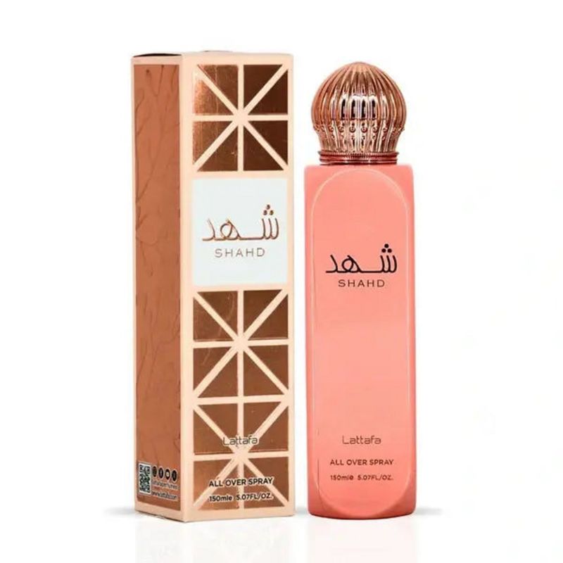Brume Shahd – Lattafa 150 ml Brume Shahd de Lattafa, All Over Spray 150 ml : flacon corail et coffret ajouré