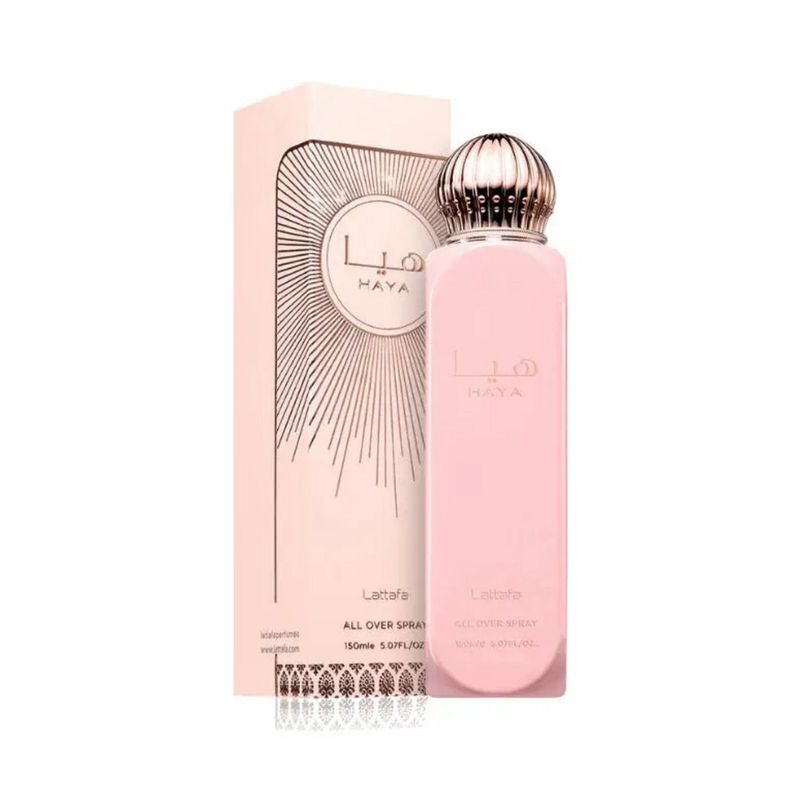 Brume Haya – Lattafa 150 ml Brume Haya de Lattafa, All Over Spray 150 ml : flacon rose et coffret rose poudré