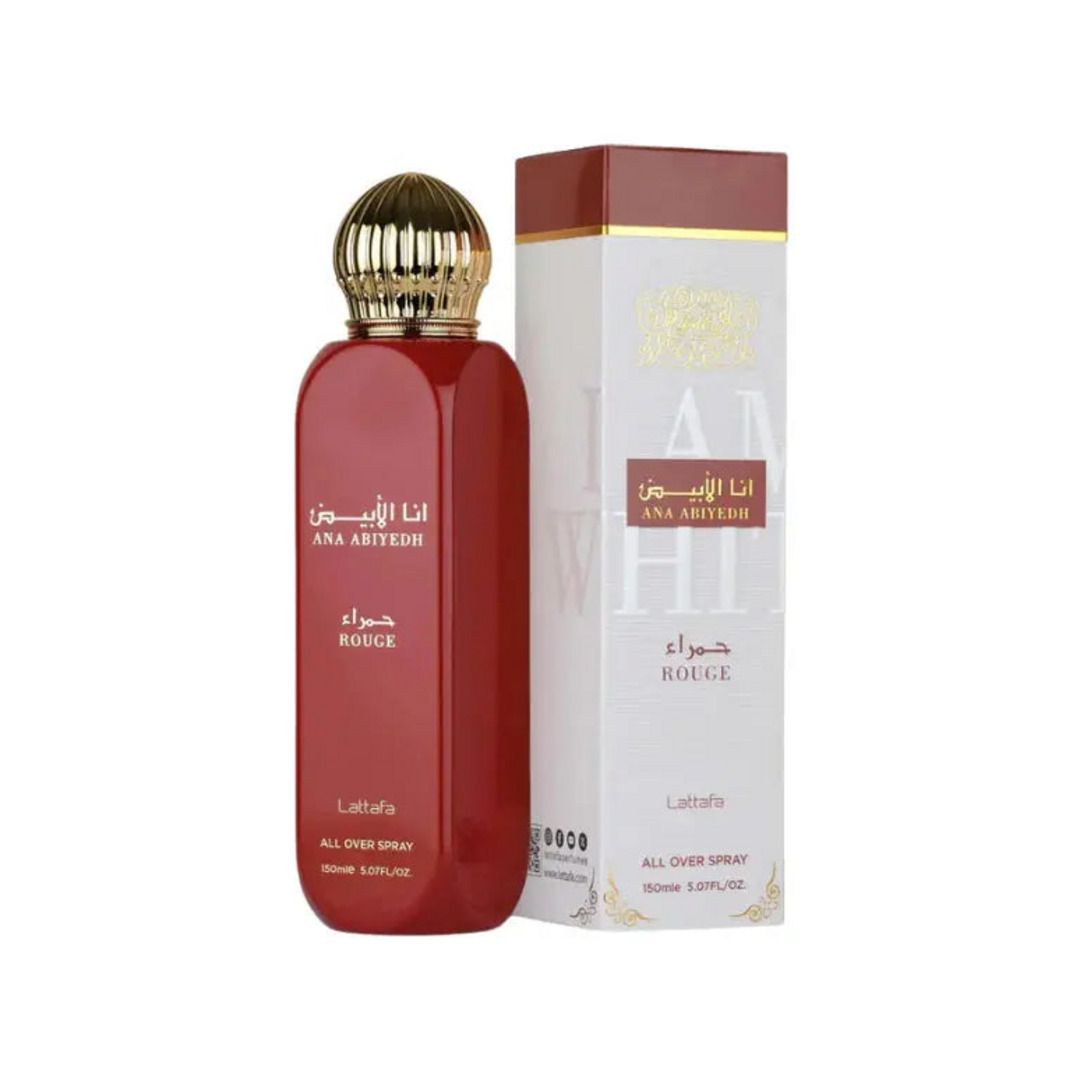 Brume Ana Abiyedh Rouge de Lattafa, All Over Spray 150 ml : flacon rouge et coffret blanc
