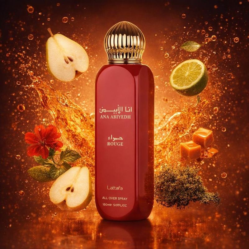 Brume Ana Abiyedh Rouge de Lattafa avec les ingrédients de ses notes : poire nashi, bergamote, caramel, géranium, mousse de chêne