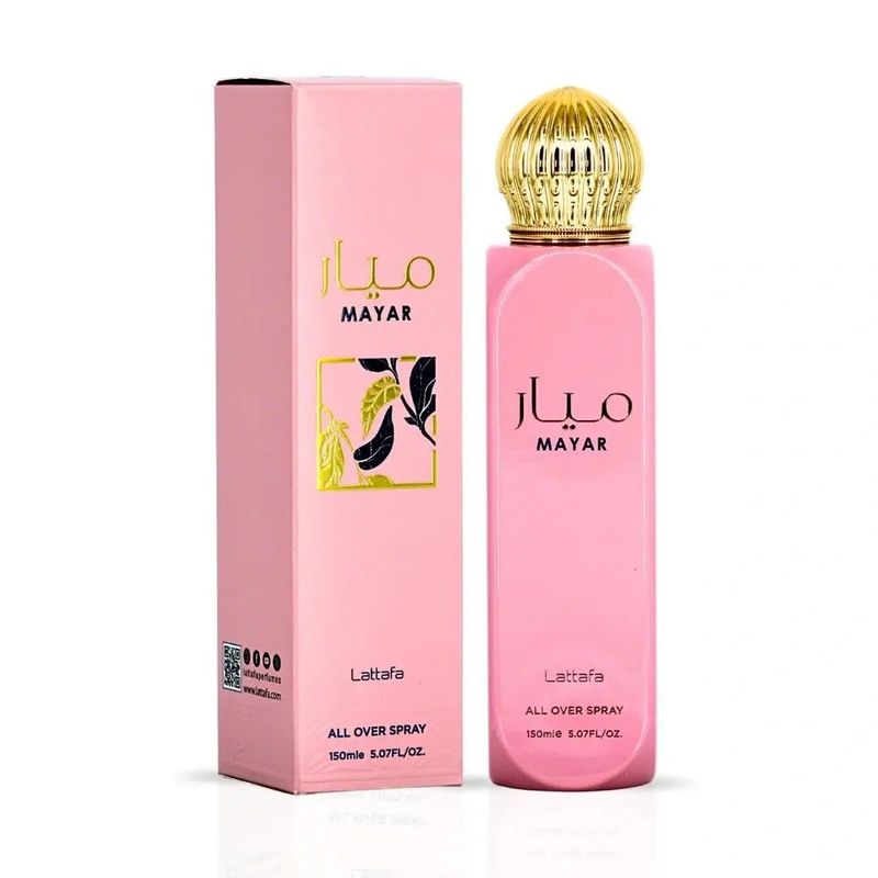 Brume Mayar – Lattafa 150 ml Brume Mayar de Lattafa, All Over Spray 150 ml : flacon rose et son coffret