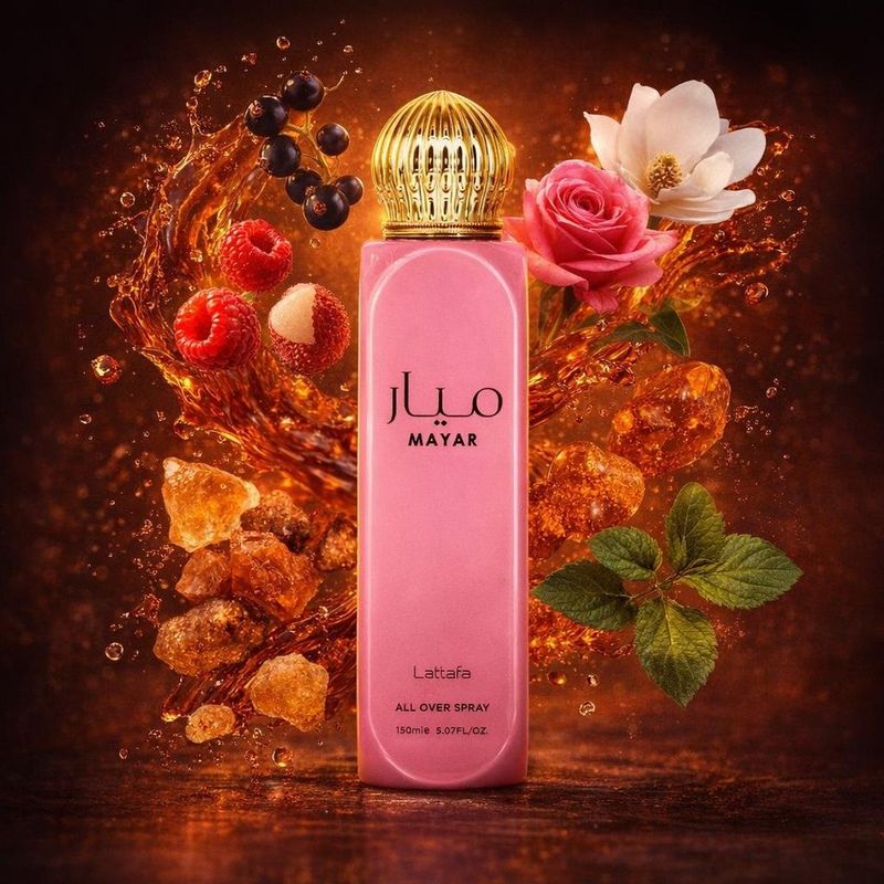 Brume Mayar de Lattafa avec les ingrédients de ses notes : framboise, litchi, cassis, rose, magnolia, résine de benjoin, résine d’ambre doré, patchouli