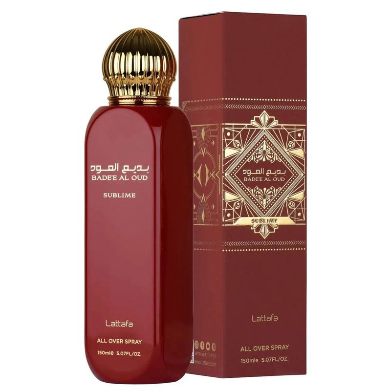 Brume Badee Al Oud Sublime – Lattafa 150 ml Brume Badee Al Oud Sublime de Lattafa, All Over Spray 150 ml : flacon rouge et coffret bordeaux