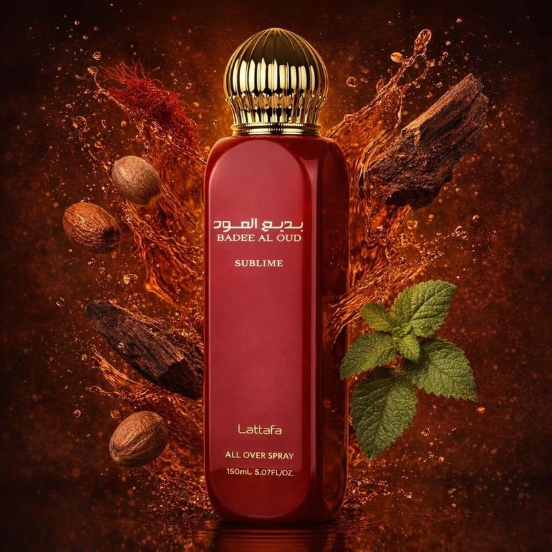 Brume Badee Al Oud Sublime de Lattafa avec les ingrédients de ses notes : safran, noix de muscade, oud fumé, patchouli