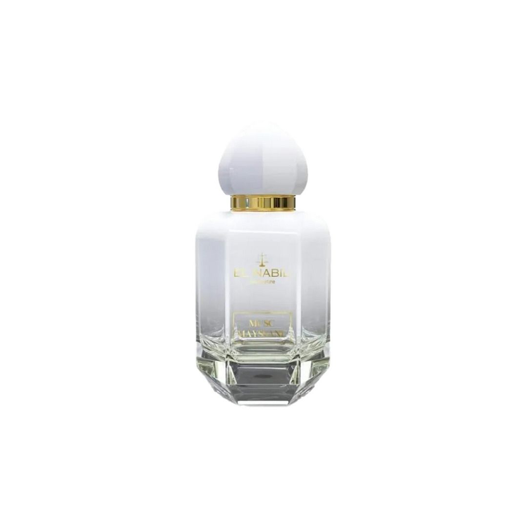 Musc Mayssane – El Nabil 65 ml Musc Mayssane d’El Nabil, eau de parfum 65 ml : flacon blanc à facettes