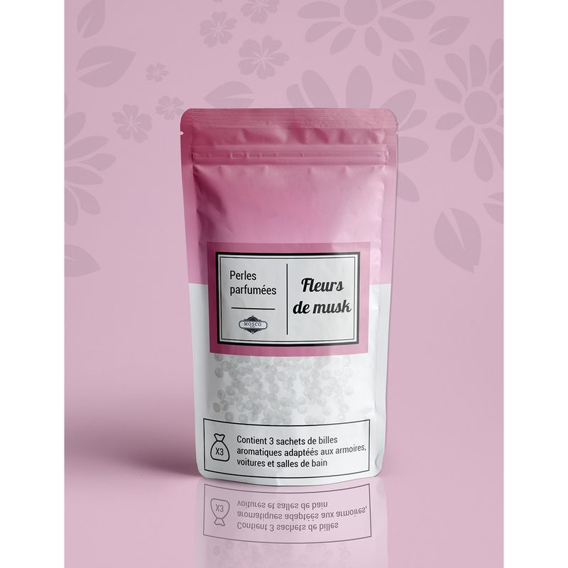 Perles parfumées Fleurs de Musk Mosco sur fond rose fleuri